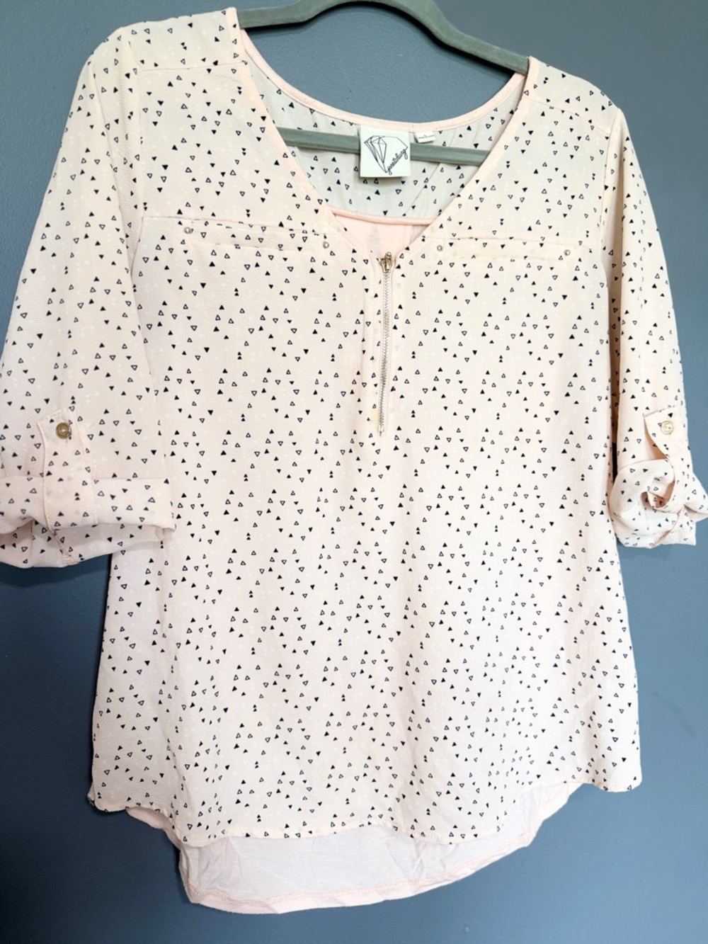 Light Pink Printed V-Neck Zip-Front Women's Top